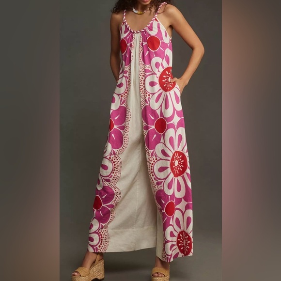 FARM Rio Pants - FARM Rio Maia Floral Jumpsuit Pink Rope Trim Wide Leg Resort L